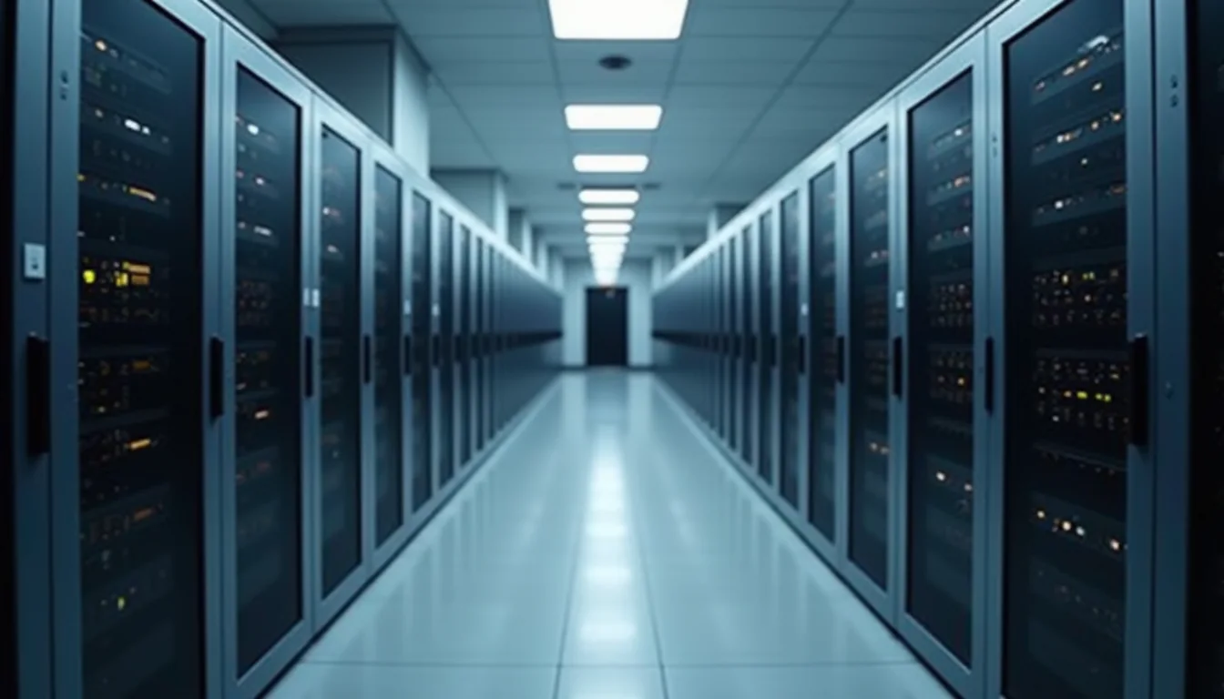 Eye-level view of a secure server room with healthcare data equipment