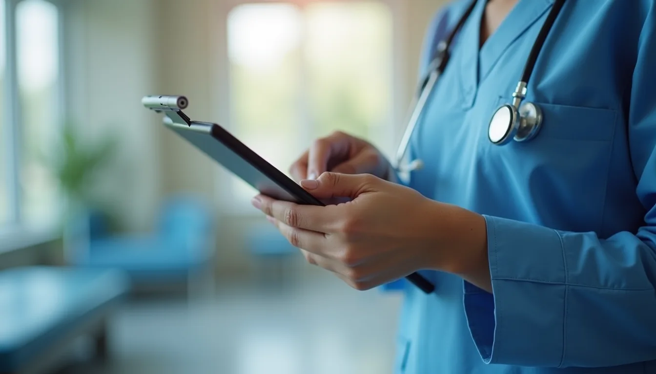 Close-up view of a healthcare professional using a tablet with CRM software