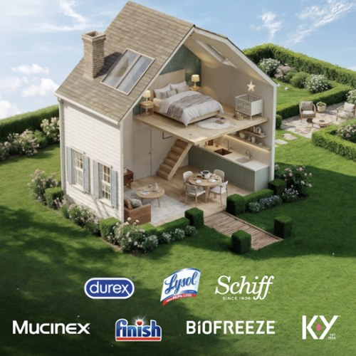 Reckitt Brands product portfolio displayed around an illustrated home.